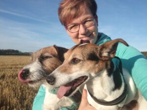 Terhi ja hänen kaksi russelia pellolla